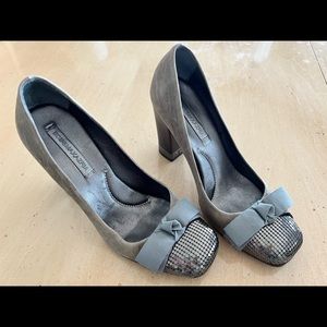 BCBG MaxAzria Sequin Bow Front and Suede Chunky Heel